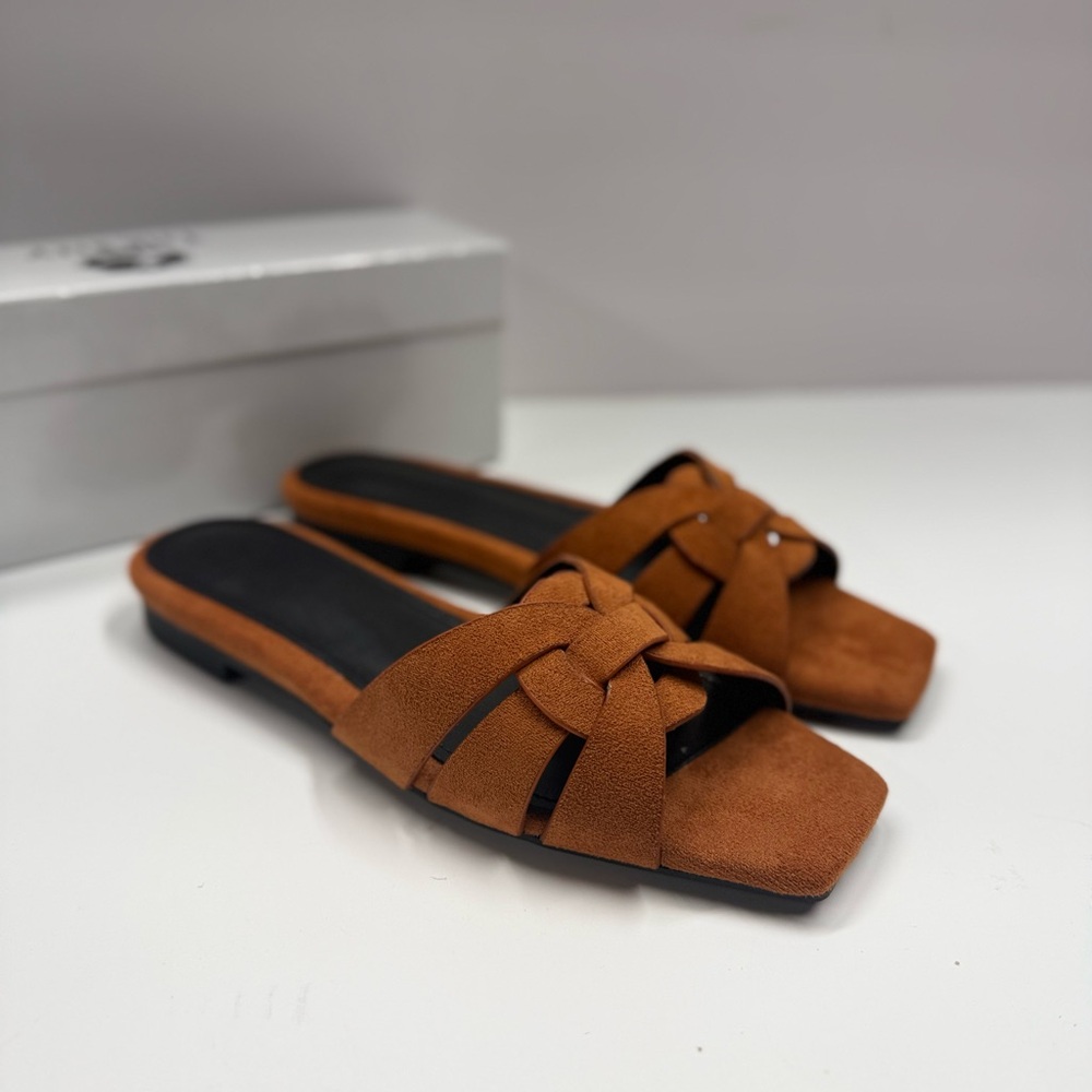 Women's Brown Suede Slide Sandals - Knotted Strap - Picture 6 of 10